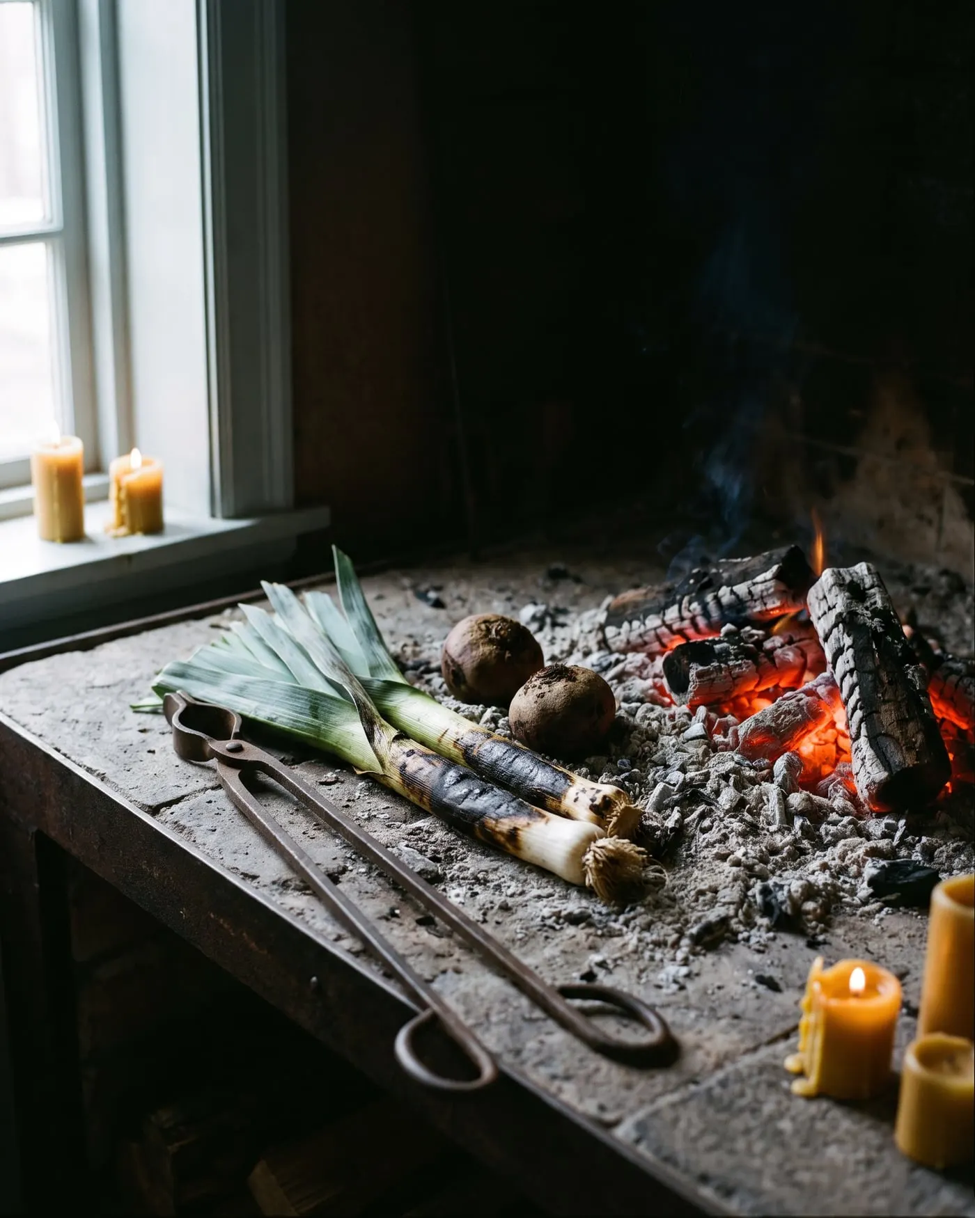 Leeks and beetroot baking in grey ash at the edge of the hearth