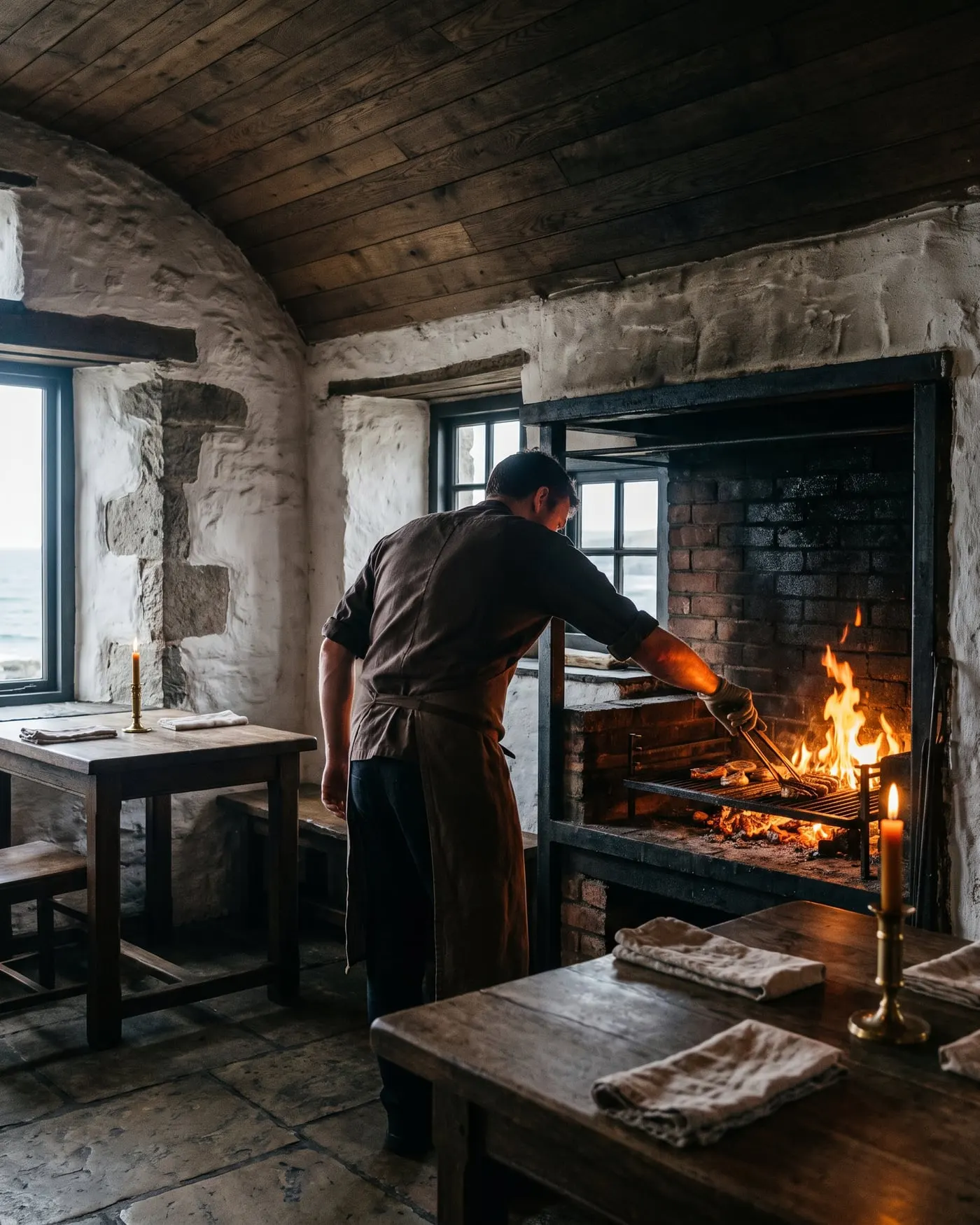 A cook seen from behind turning food on the grill over the open fire