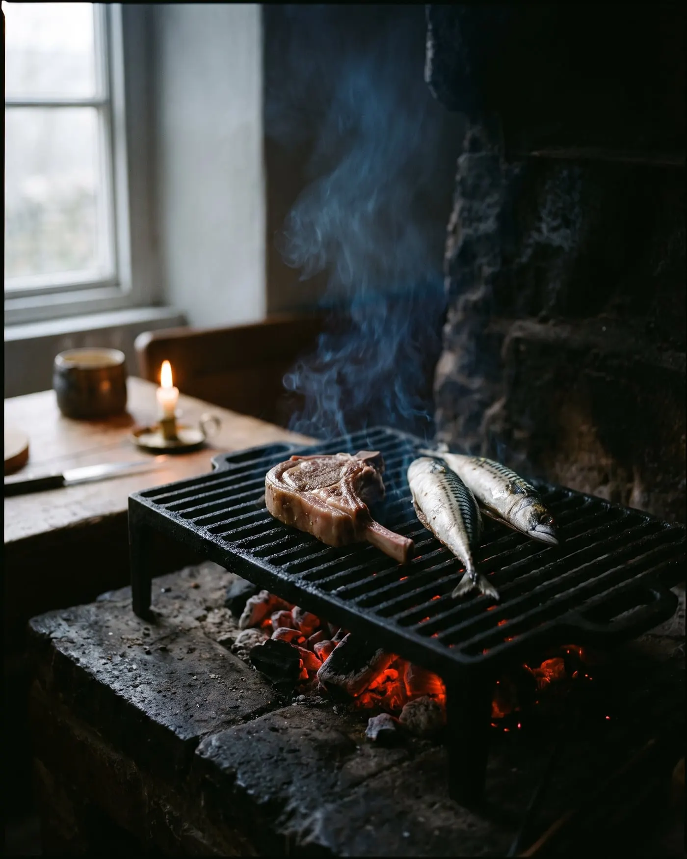 A lamb chop and whole mackerel on an iron grill over red coals