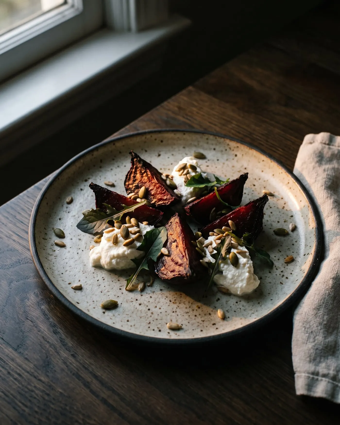Ember roasted beetroot with sheep’s curd and toasted seeds