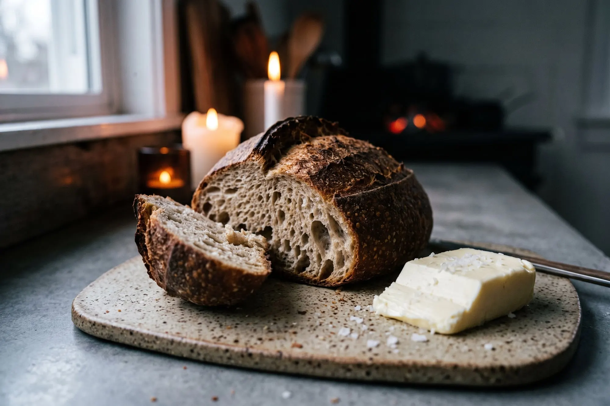 A dark crusted sourdough loaf torn open beside salted cultured butter