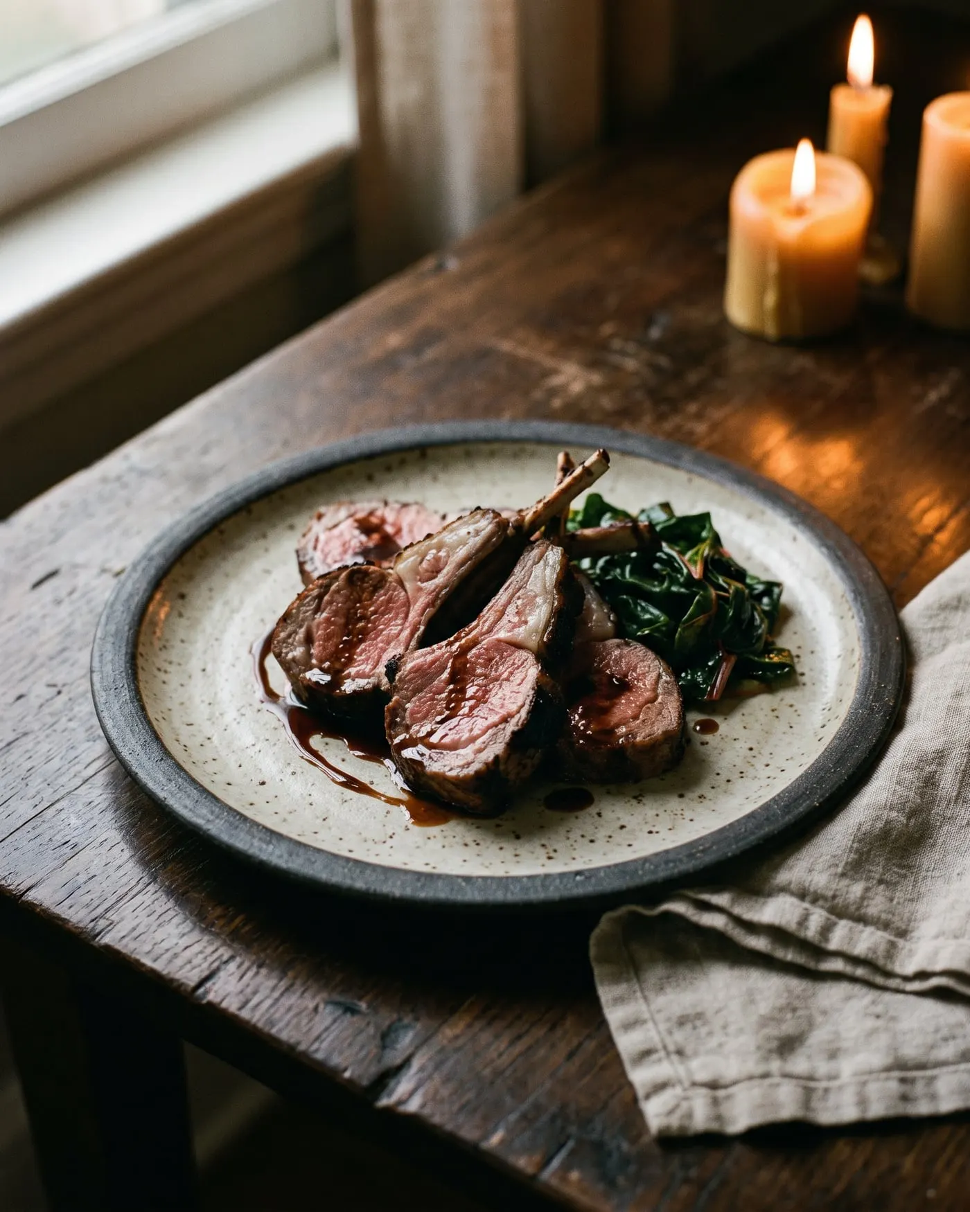 Sliced charred hogget with a dark sauce and greens on speckled stoneware