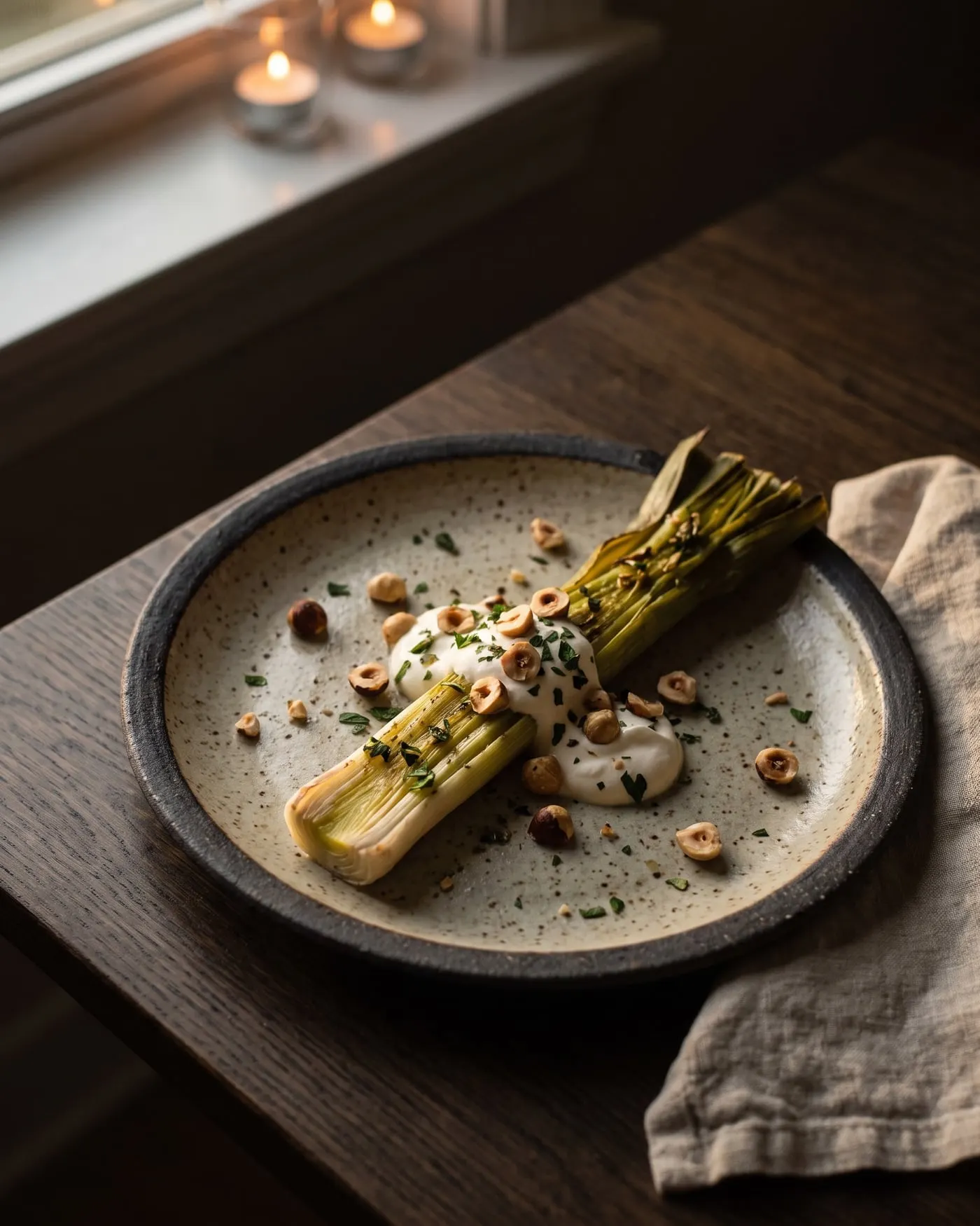 An ash baked leek split open with cream and hazelnut crumb