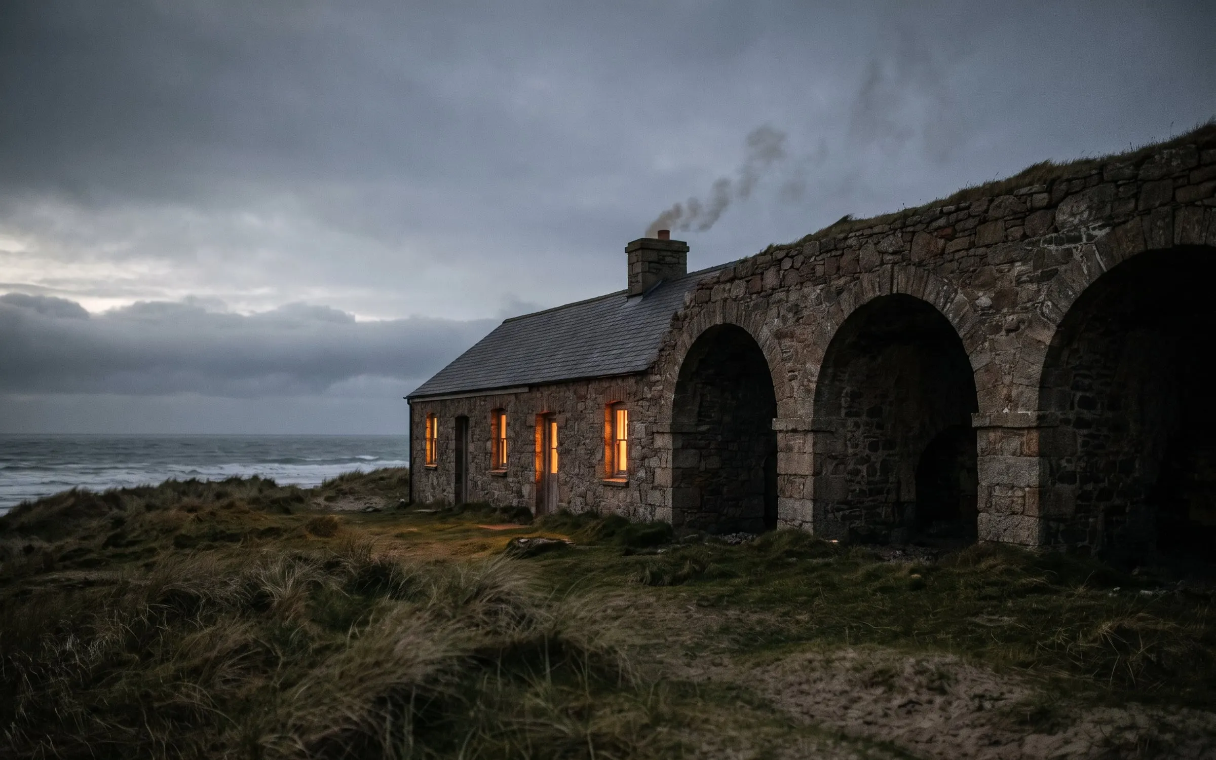 The old stone kiln building at dusk with its arched openings, lit windows and smoke rising over the dunes