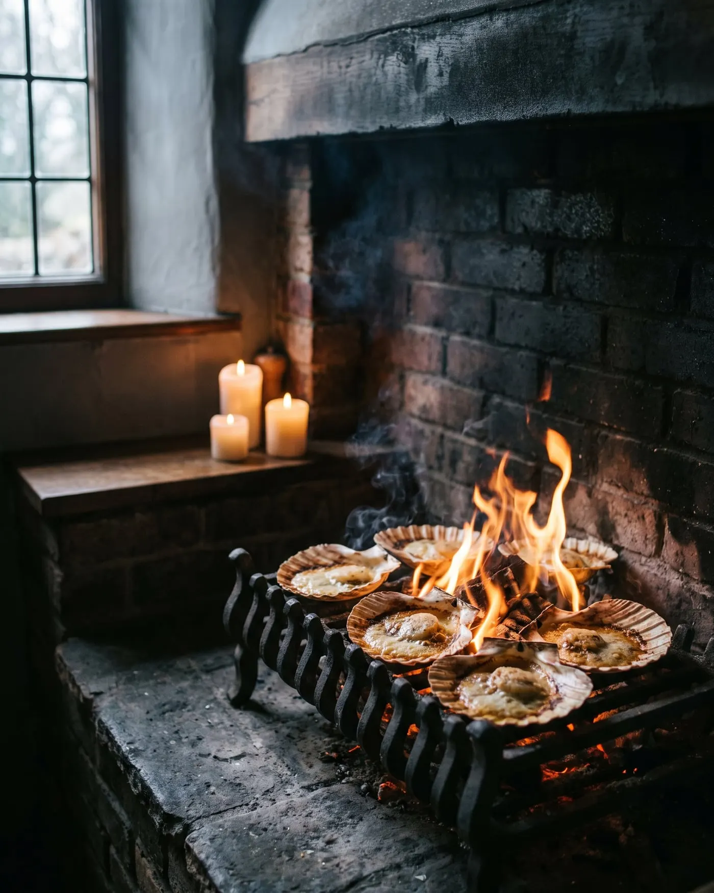 Scallops cooking in their shells in the flames of the hearth