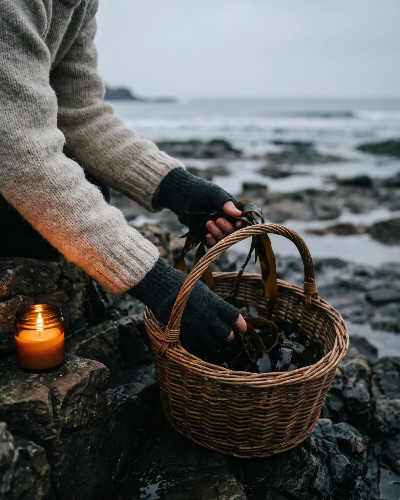 Hands gathering seaweed from the rocks into a willow basket at low tide