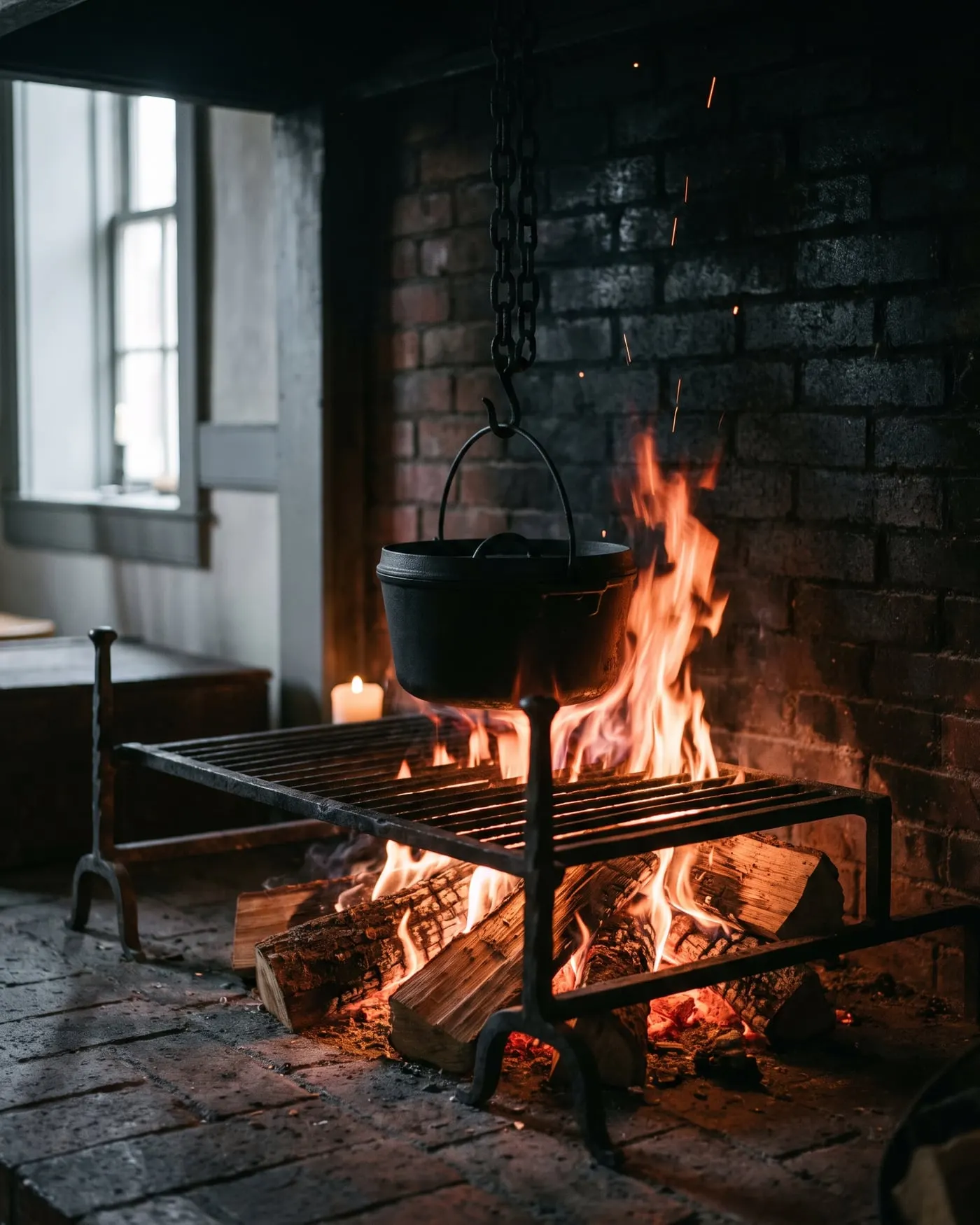 Oak logs burning tall in the open brick hearth under an iron grate