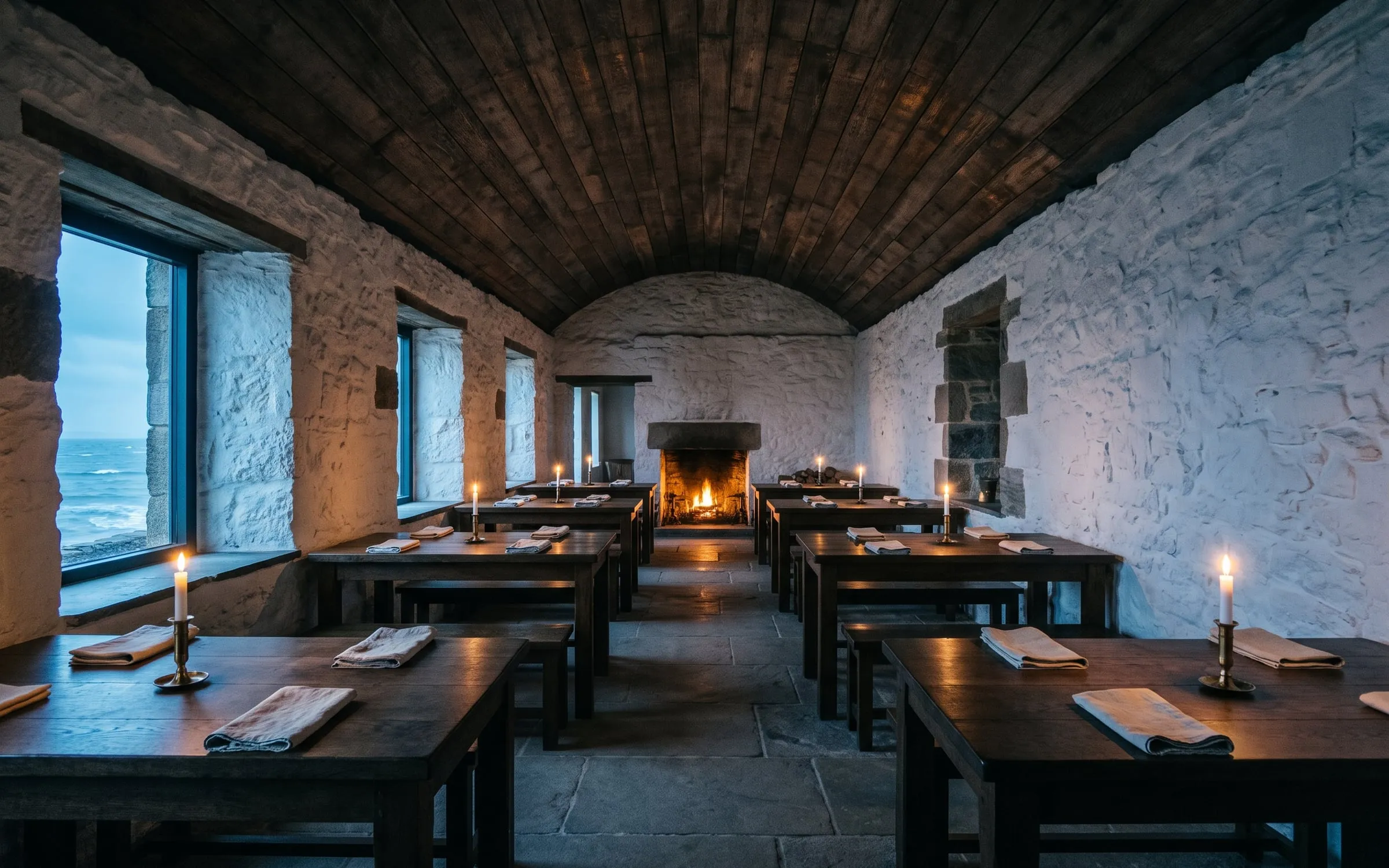 The long whitewashed dining room at dusk, candles lit on every oak table and a fire in the hearth at the far end
