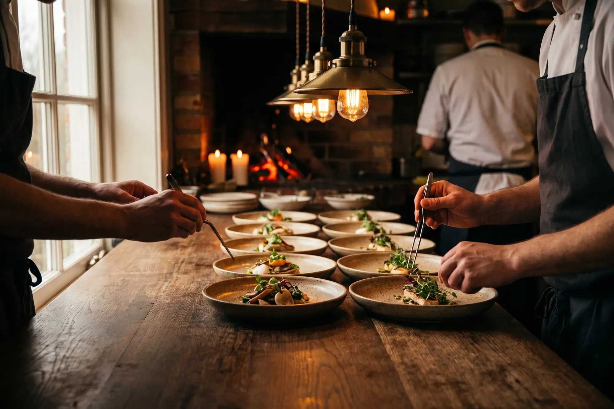 Plated dishes lined up on the oak pass as cooks add the last herbs