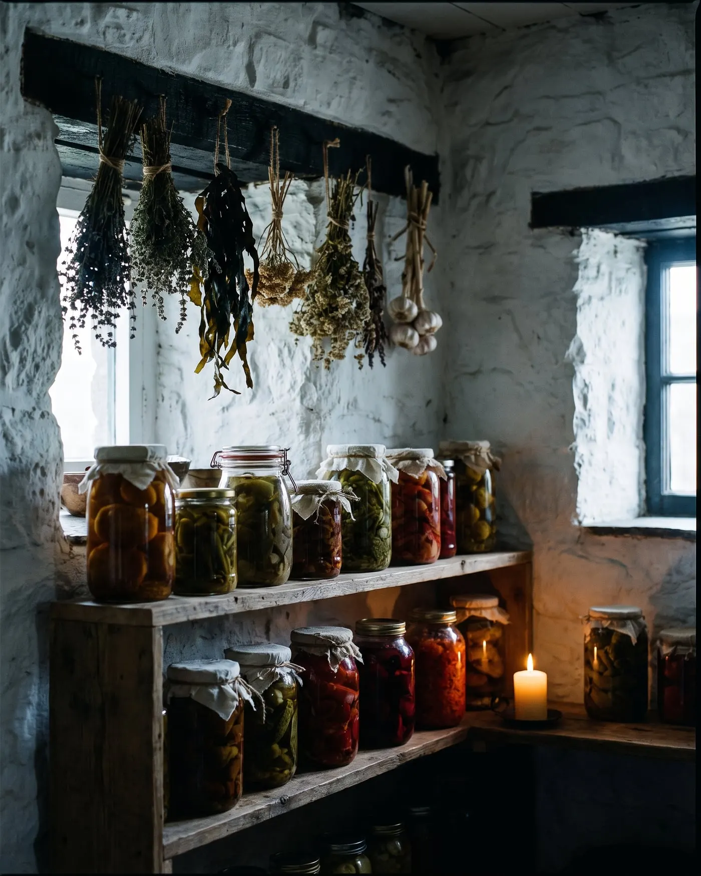 Shelves of pickles and ferments in the stone larder with herbs drying overhead