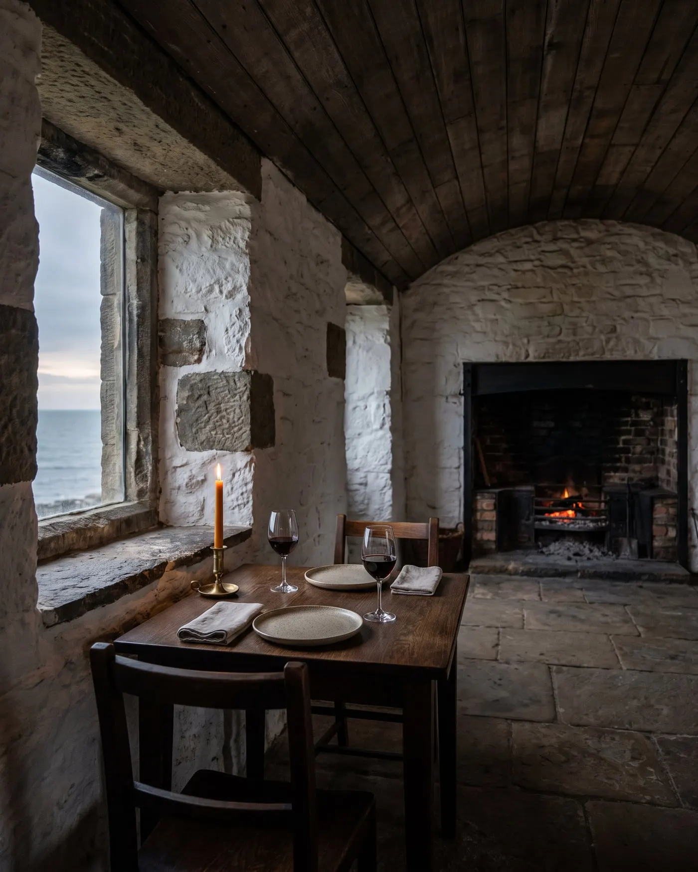 A table for two laid beside a deep stone window with the sea at dusk